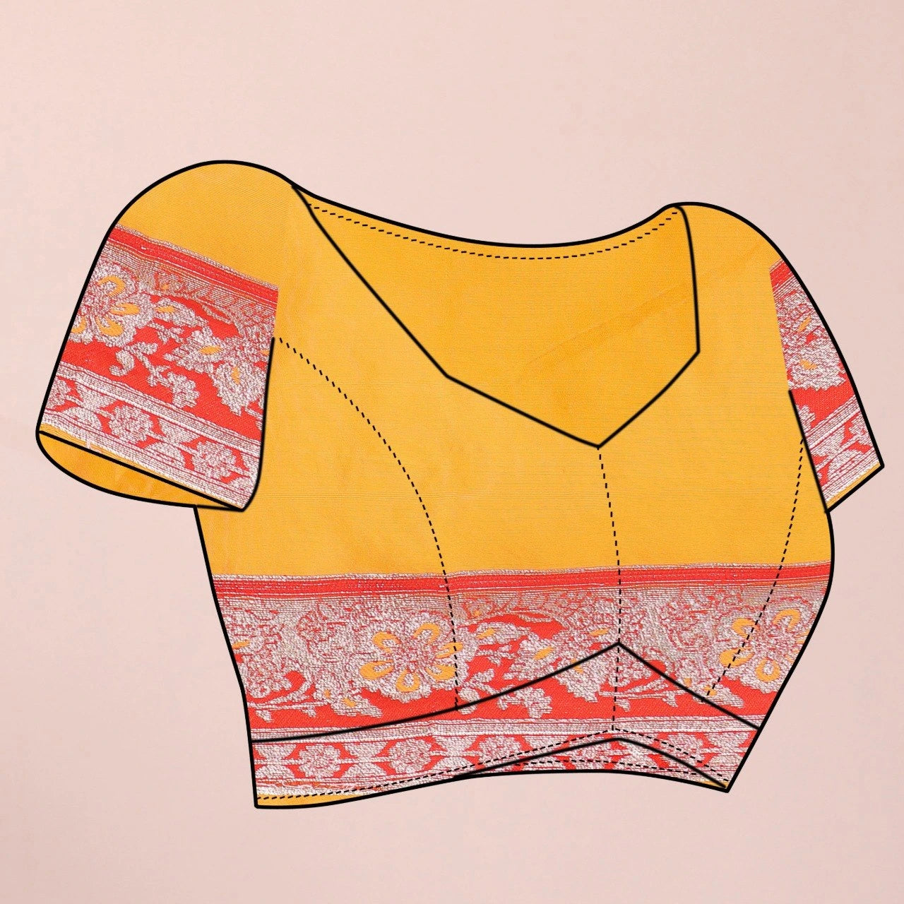 Yellow blouse with red and white patterned sleeves and hem on a beige background